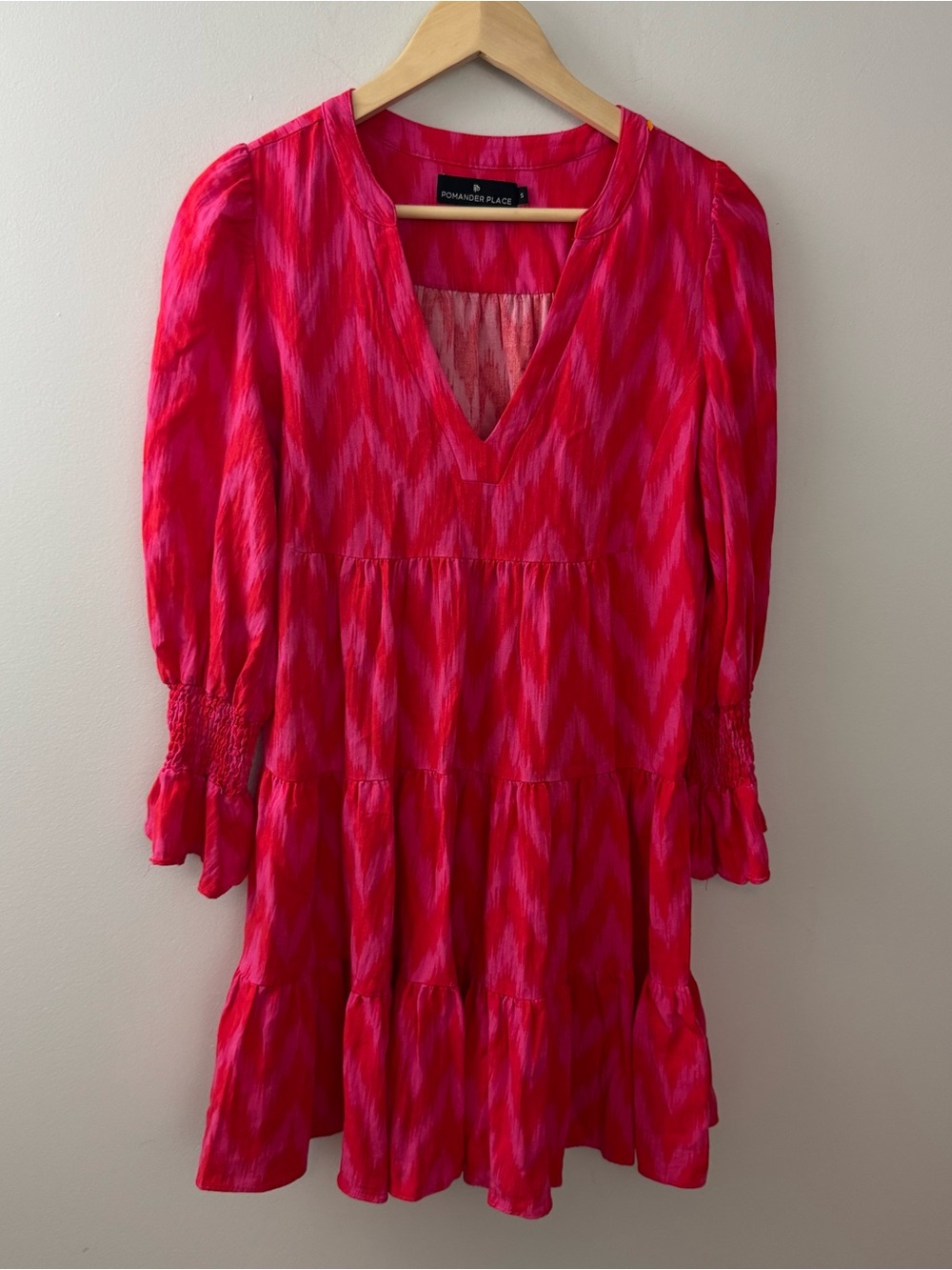 Pomander Place V-Neck Tiered  Dress in Hot Pink Size S